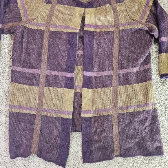 CJ Banks Long Open Front Cardigan Sweater Womens 2X Plaid Purple Tan Knit - Picture 10 of 14